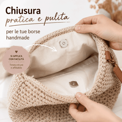 Chiusura magnetica da cucire applicata su borsa in tessuto