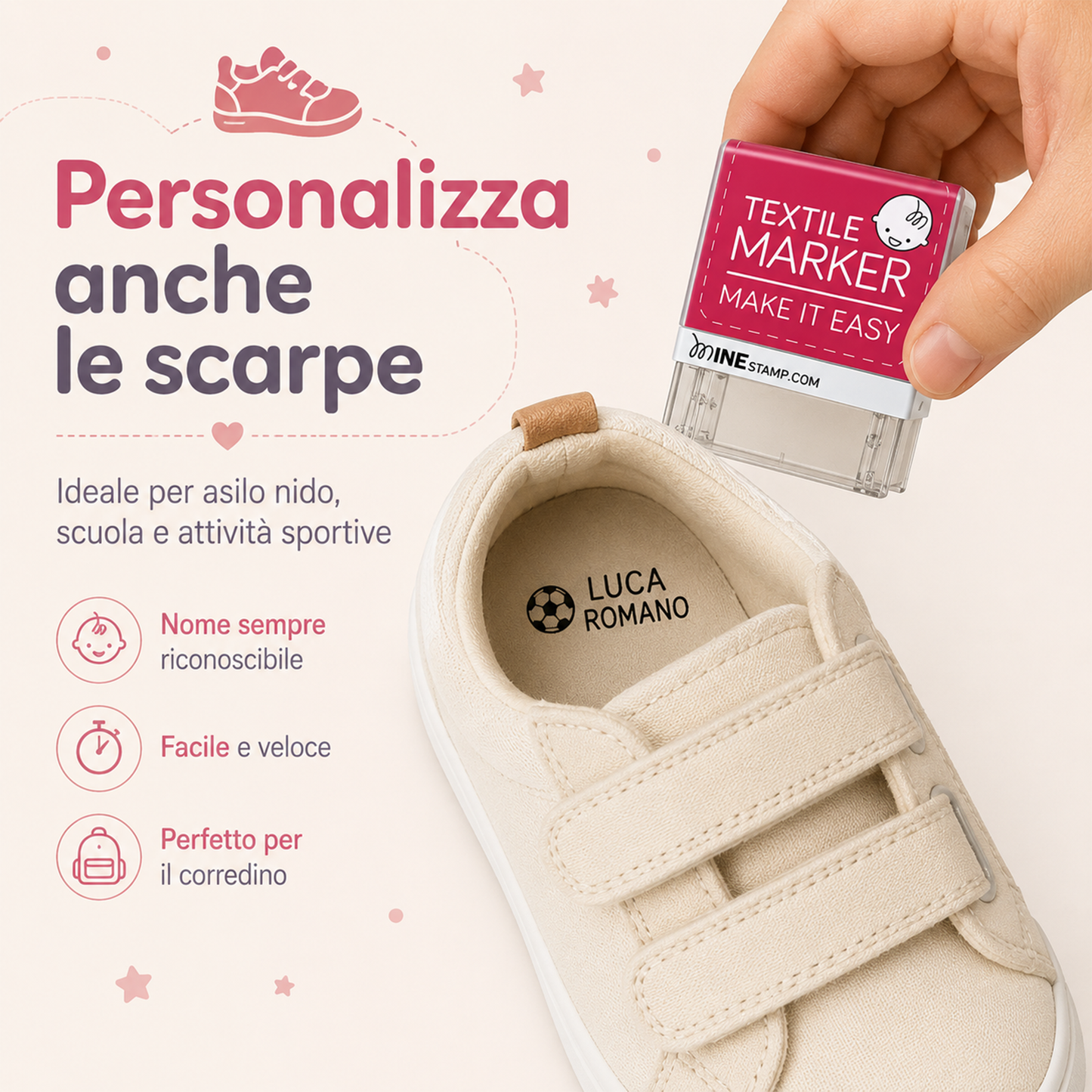 Nome timbrato su scarpa asilocon timbro personalizzato