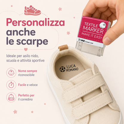 Nome timbrato su scarpa asilocon timbro personalizzato