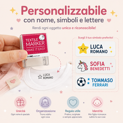 Timbro nome bambino con lettere e simboli personalizzabili