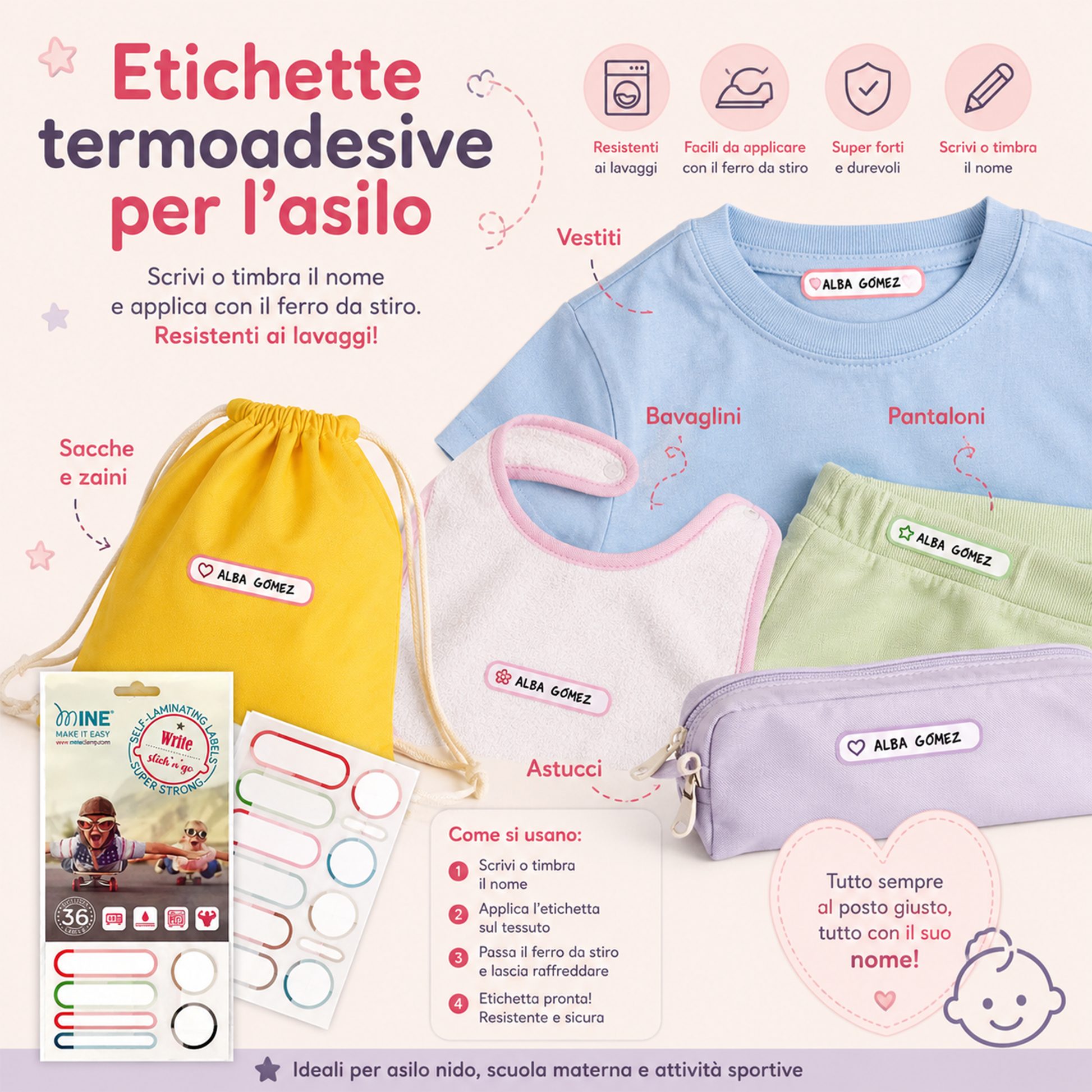 Etichette con nome applicate su sacchetto e accessori bambini