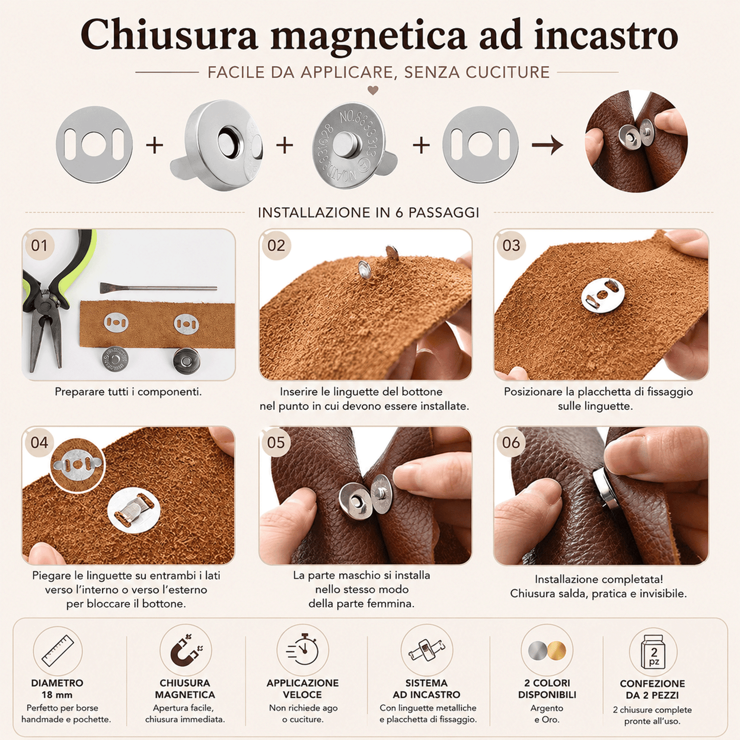 Bottone magnetico ad incastro per borse 18 mm colore argento infografica montaggio