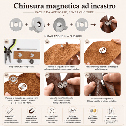 Bottone magnetico ad incastro per borse 18 mm colore argento infografica montaggio