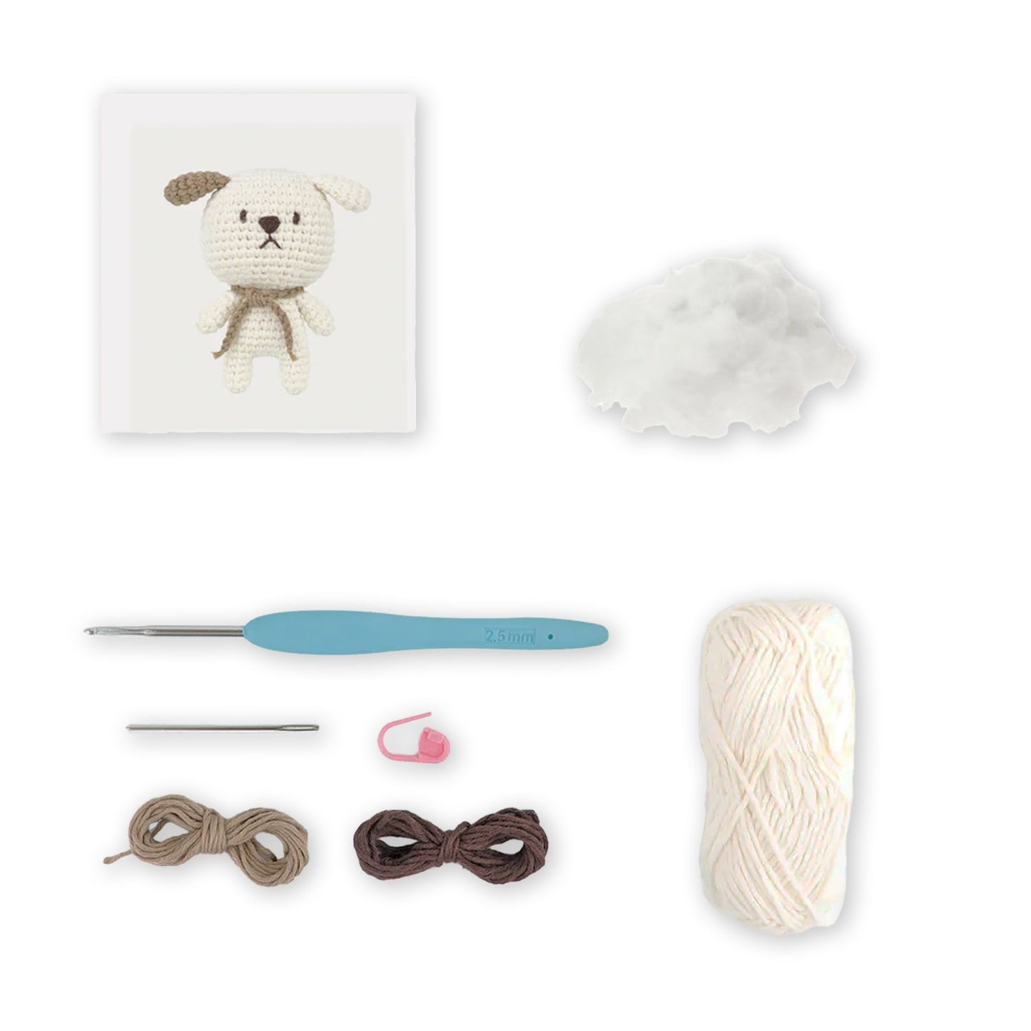 Contenuto kit Daniel the Dog con filato bianco, matassine marroni e accessori
