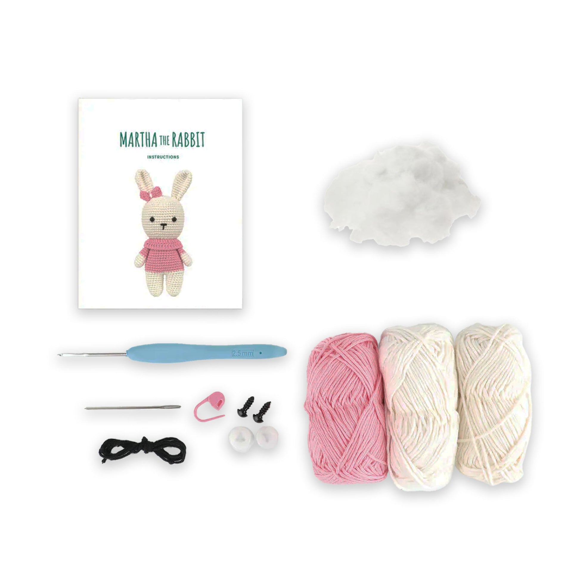 Contenuto kit Martha the Rabbit con filati, uncinetto e accessori