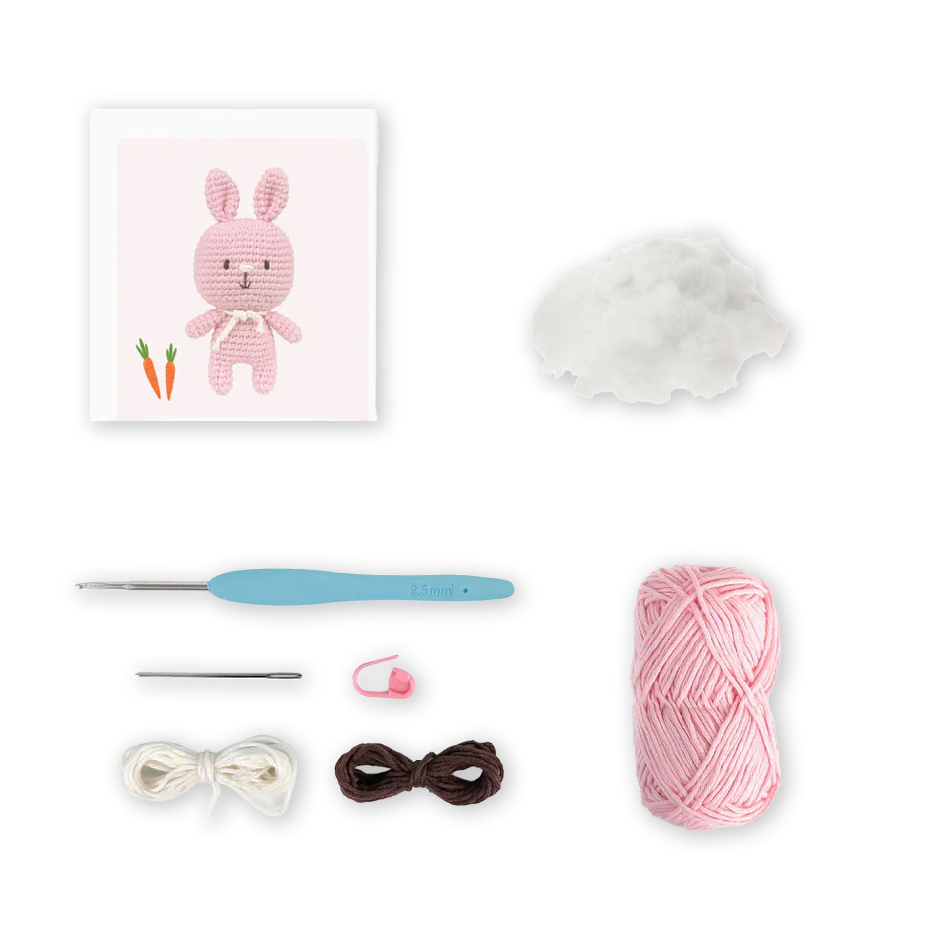 Contenuto kit Renée the Rabbit con filato rosa, matassine e accessori