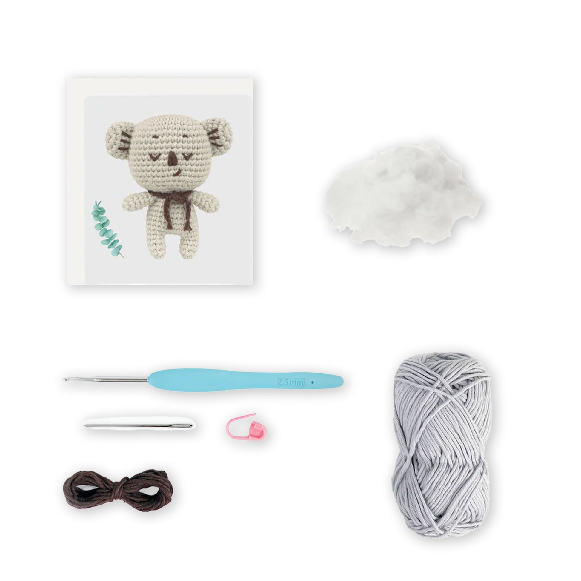 Contenuto kit Kai the Koala con filato grigio e accessori