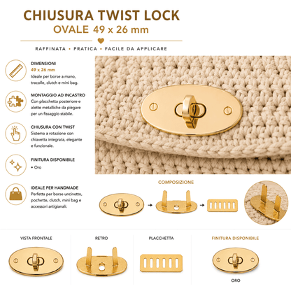 infografica Chiusura twist lock ovale oro 49x26 mm per borse handmade