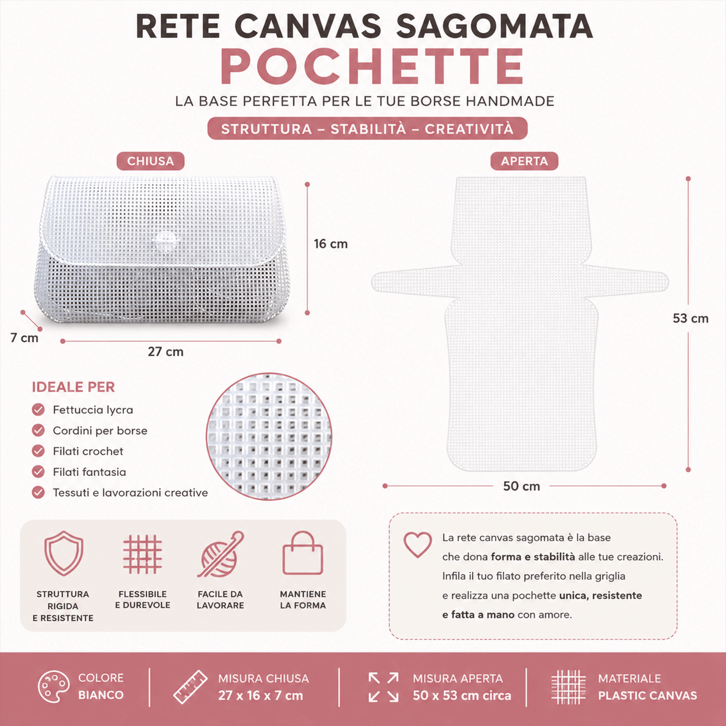 Rete Canvas Sagomata per Pochette 27x16x7cm (chiusa) Bianca | Base Borsa per Fettuccia e Filati